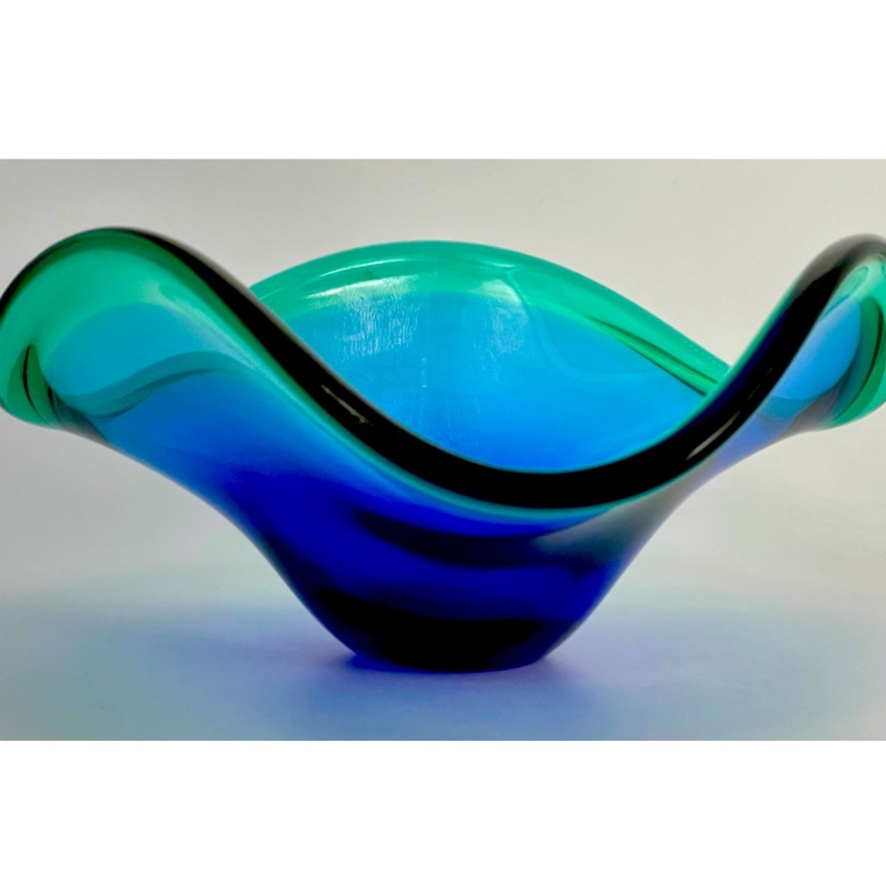 Vintage Murano Sargasso Blue Teal Rim Wave Bowl